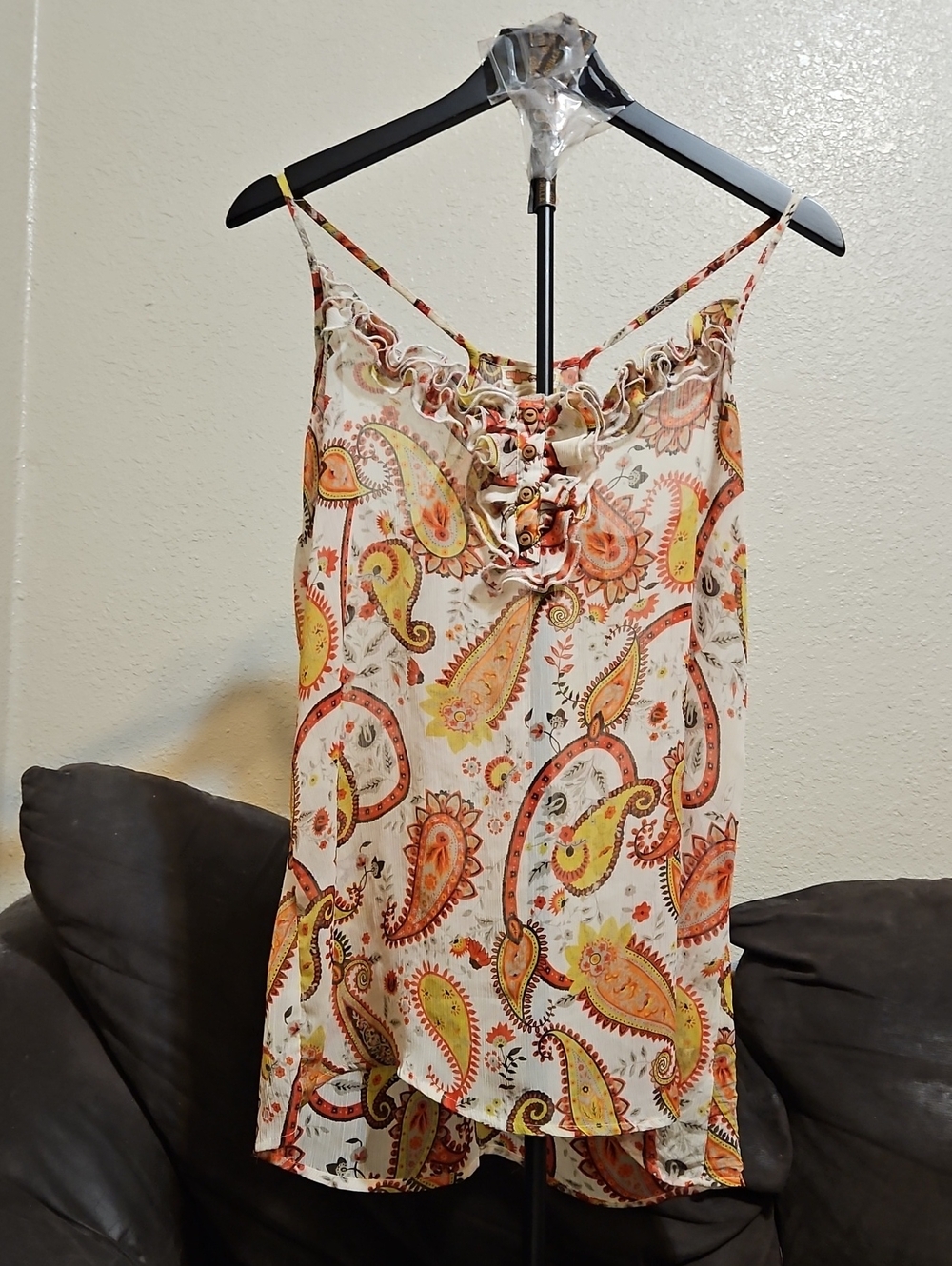 Paisley Ruffle Cami Tank - White with Orange & Yellow Paisley